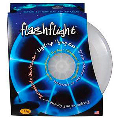 Frisbee disc that glows in the dark with blue light.